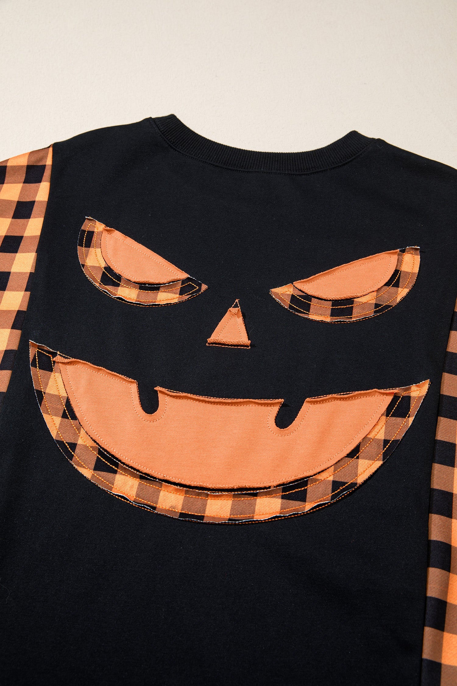 Halloween Pumpkin Gingham Patchwork Long Sleeve Top