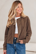 Solid Corduroy Lapel Collar Zip-Up Buttoned Jacket