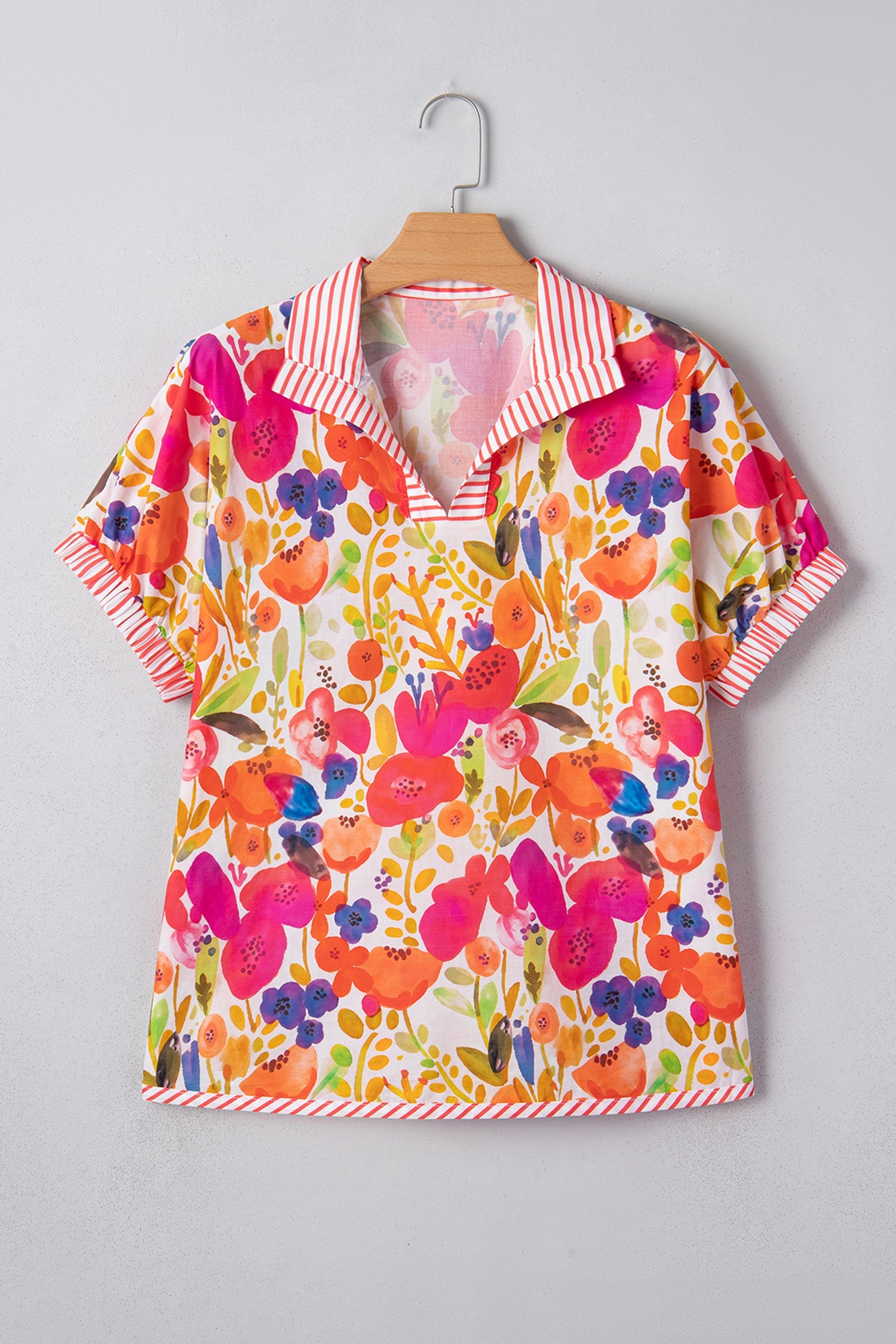 Floral Stripe Trim Collared V-Neck Blouse