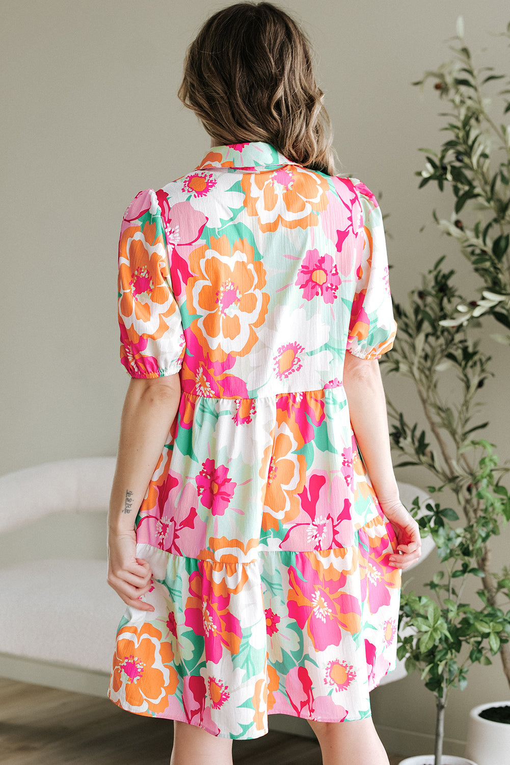 Floral Puff Sleeve Buttoned Collar Babydoll Dress