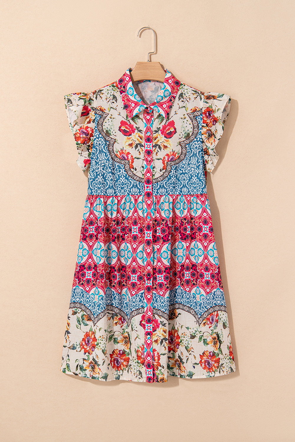 Floral Ruffle Flutter Sleeve Buttoned Mini Dress