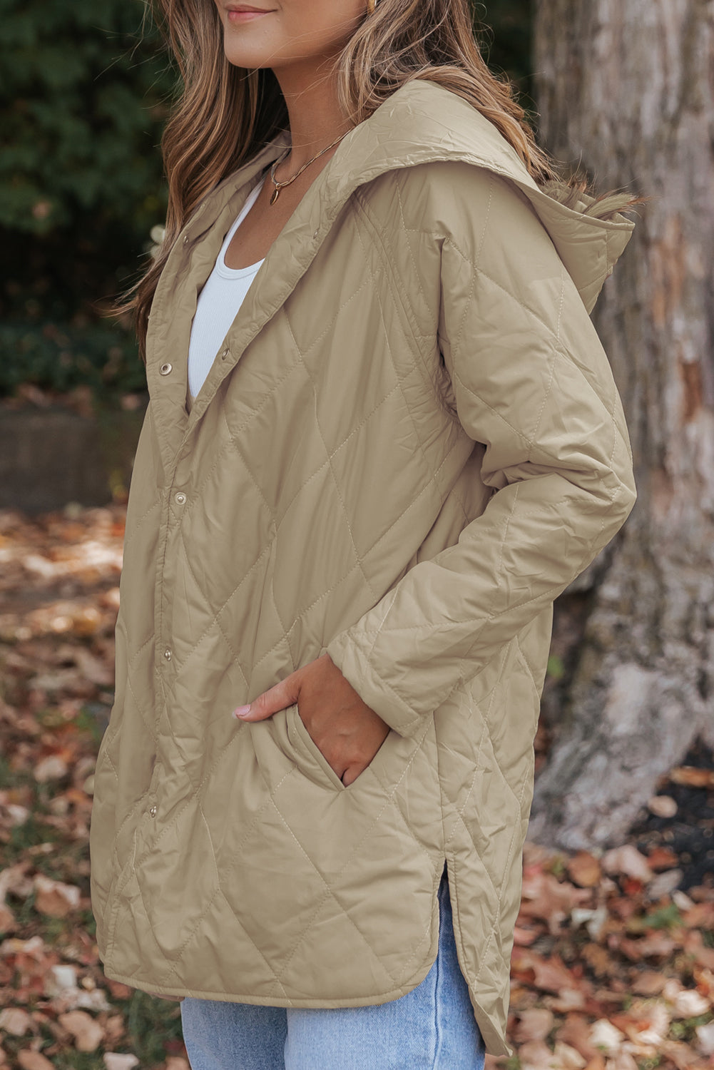 Solid Quilted Snap Button Hooded Puffer Coat