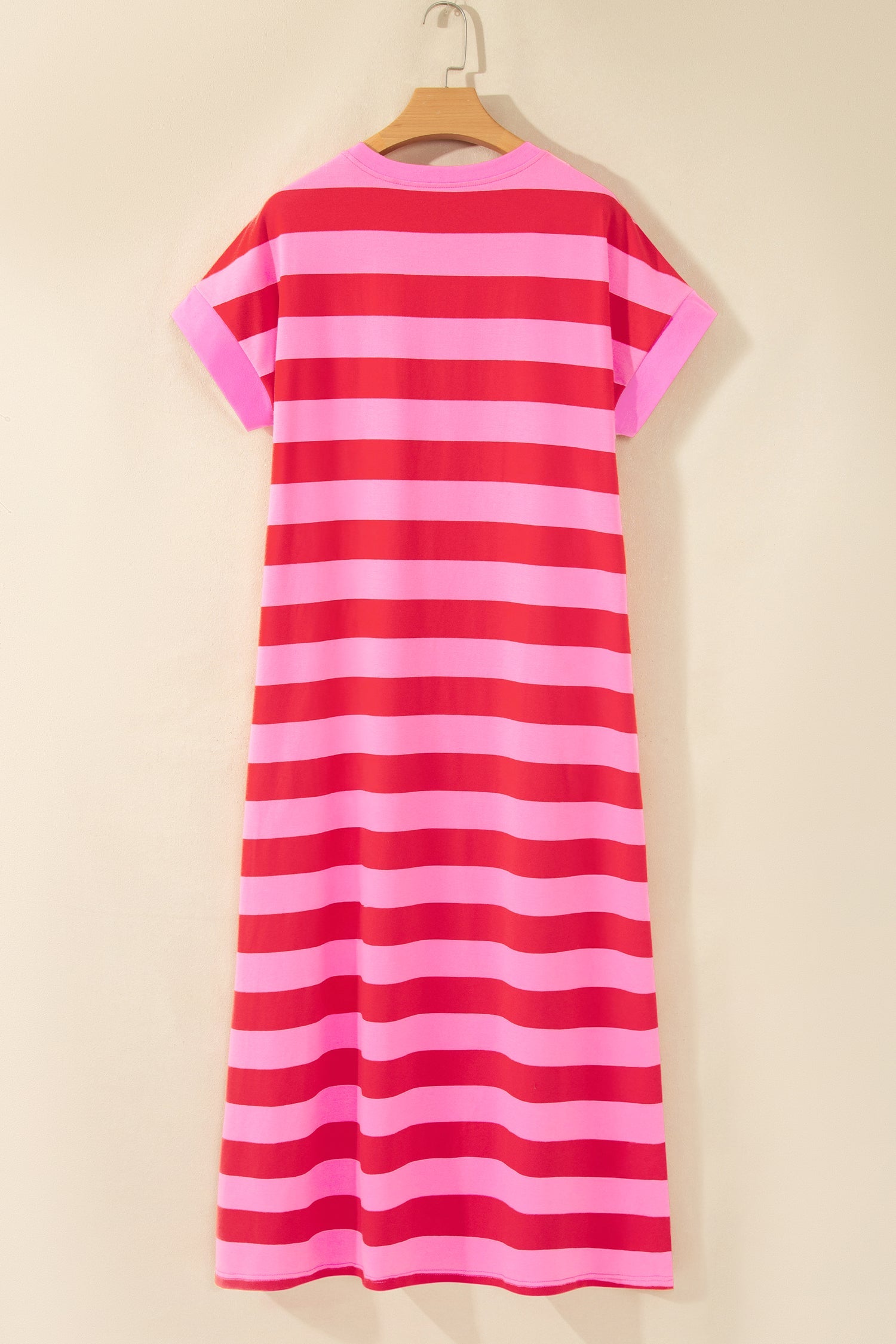 Stripe Cuffed Short Sleeve T-Shirt Long Dress w/ Pockets