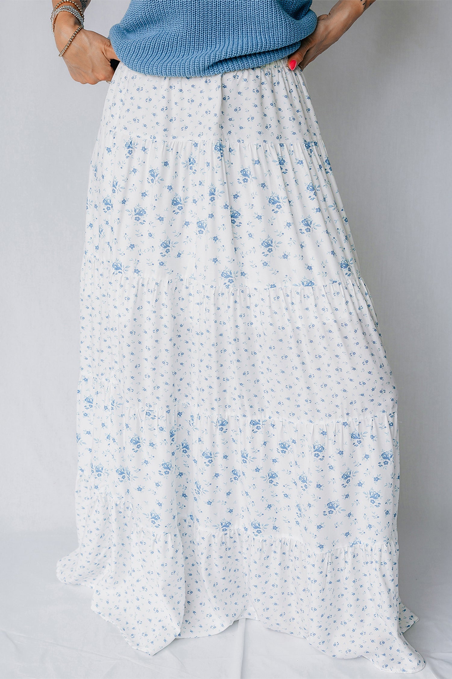 Floral Patchwork High Waist Tiered Maxi Skirt