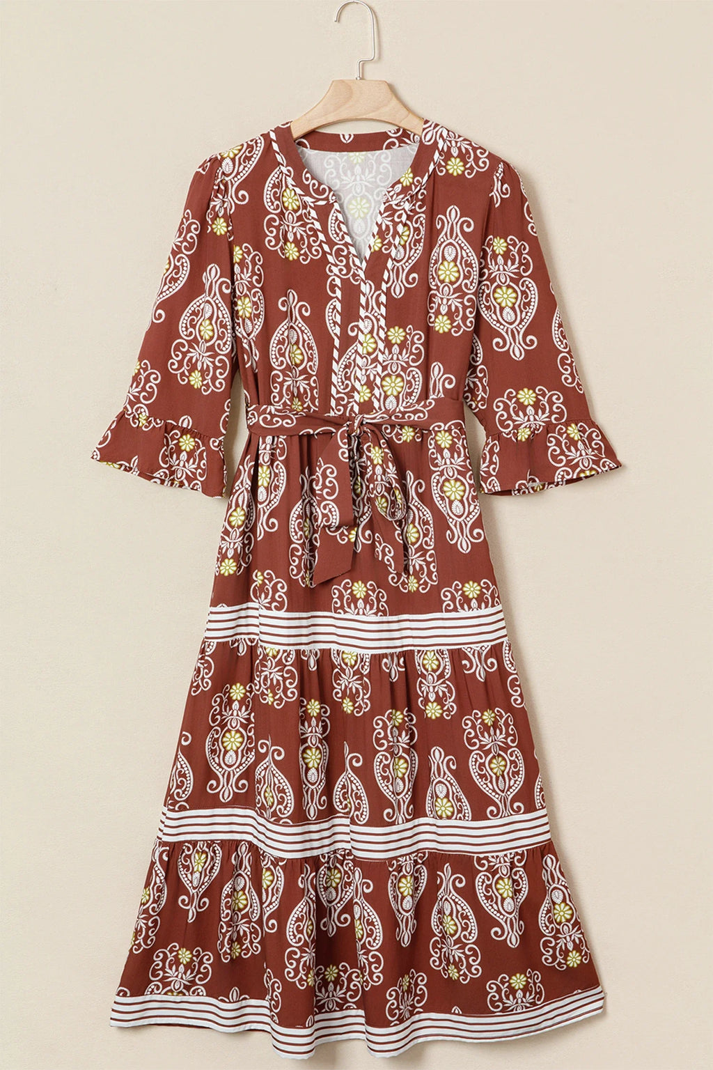 Floral Boho Belted Stripe Trim Tiered Maxi Dress