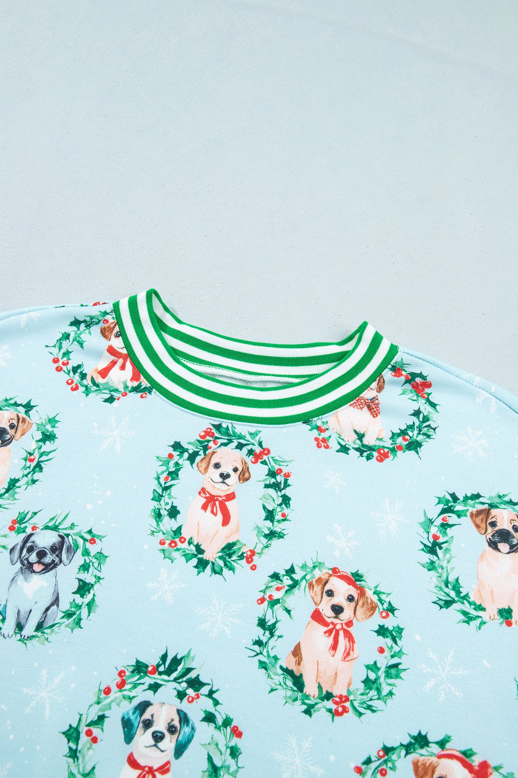 Christmas Wreath Dog Print Stripe Contrast Trim Sweatshirt