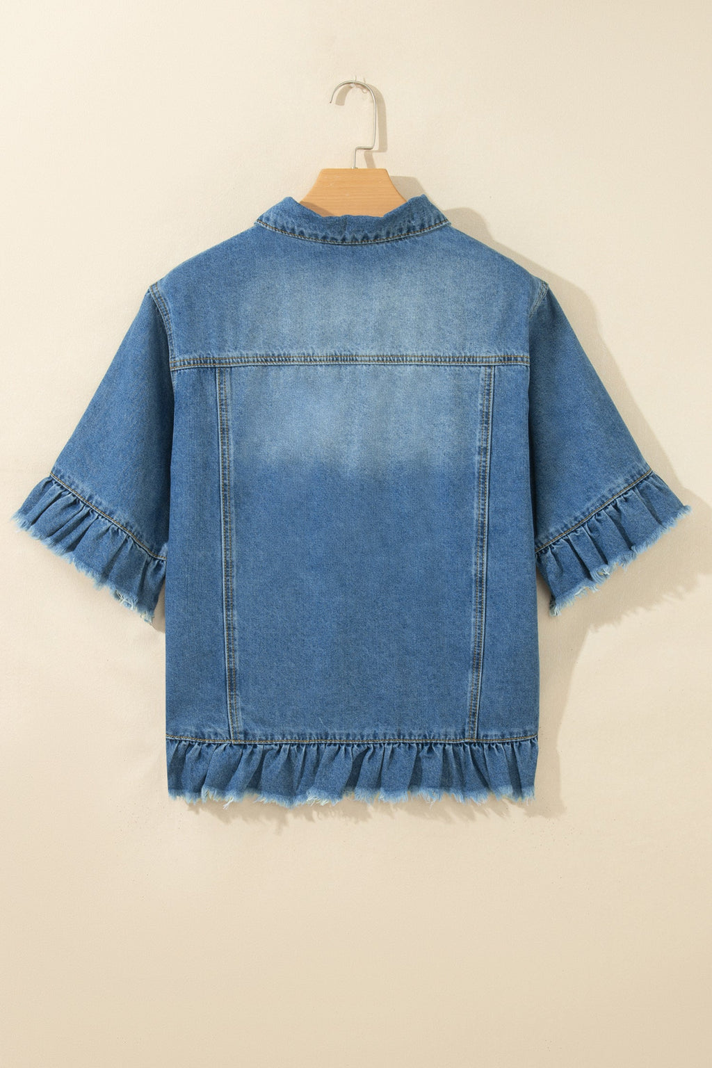 Denim Raw Edge Short Sleeve Ruffle Hem Jacket