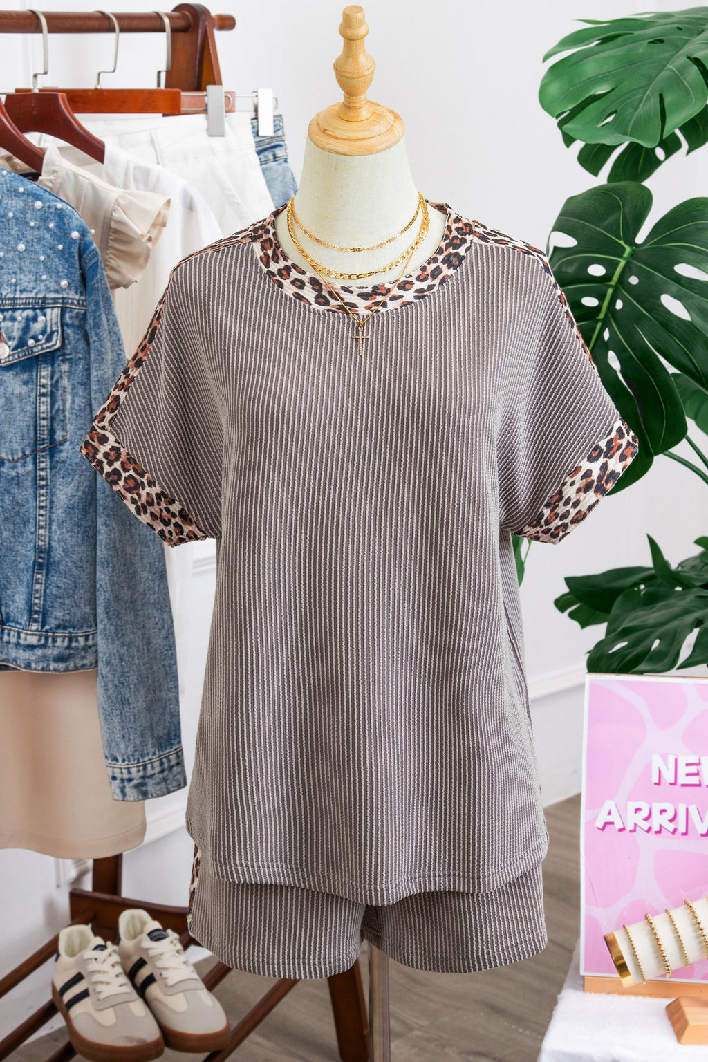 Leopard Trim Corded Top & Shorts Set