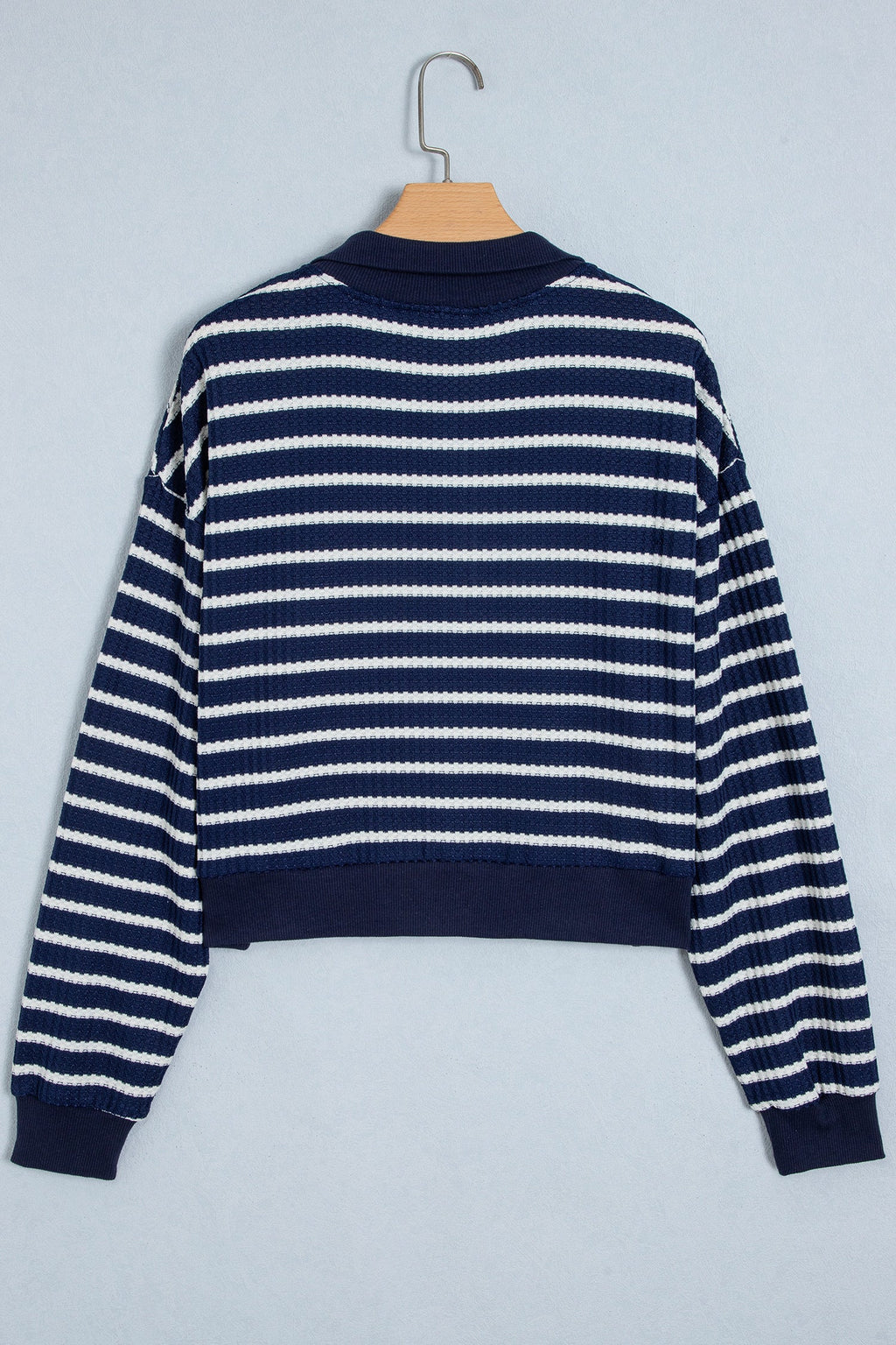 Stripe Half Zip Collared Long Sleeve Textured Knit Top