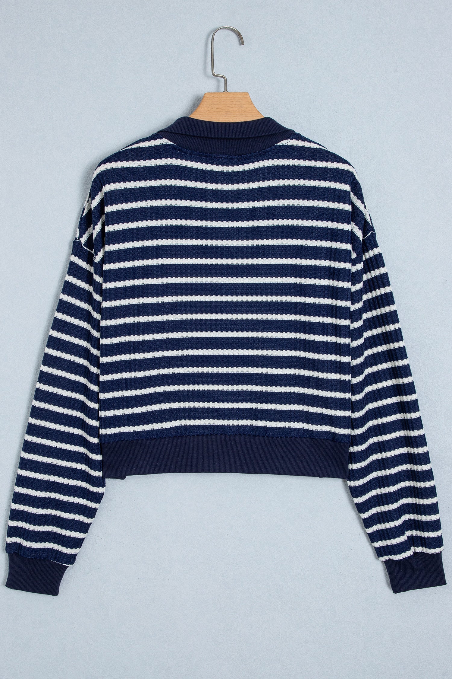 Stripe Half Zip Collared Long Sleeve Textured Knit Top