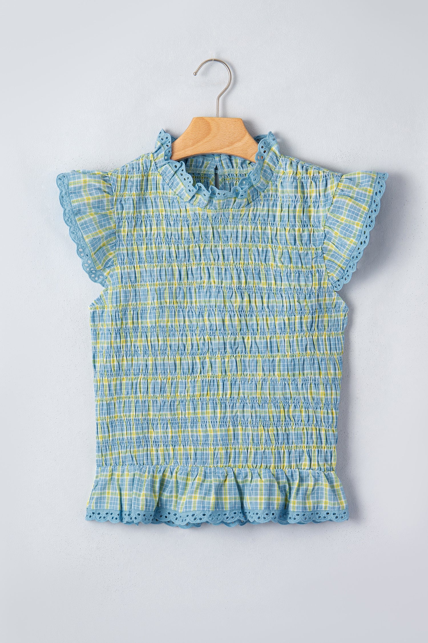 Plaid Smocked Lace Trim Tank Top