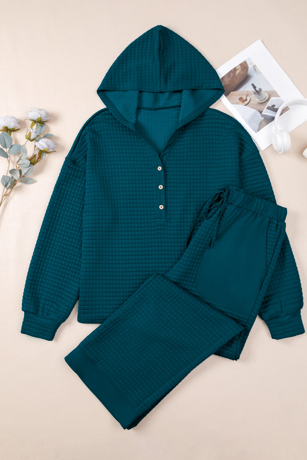 Waffle Textured Patchwork Hooded Top and Pants Set