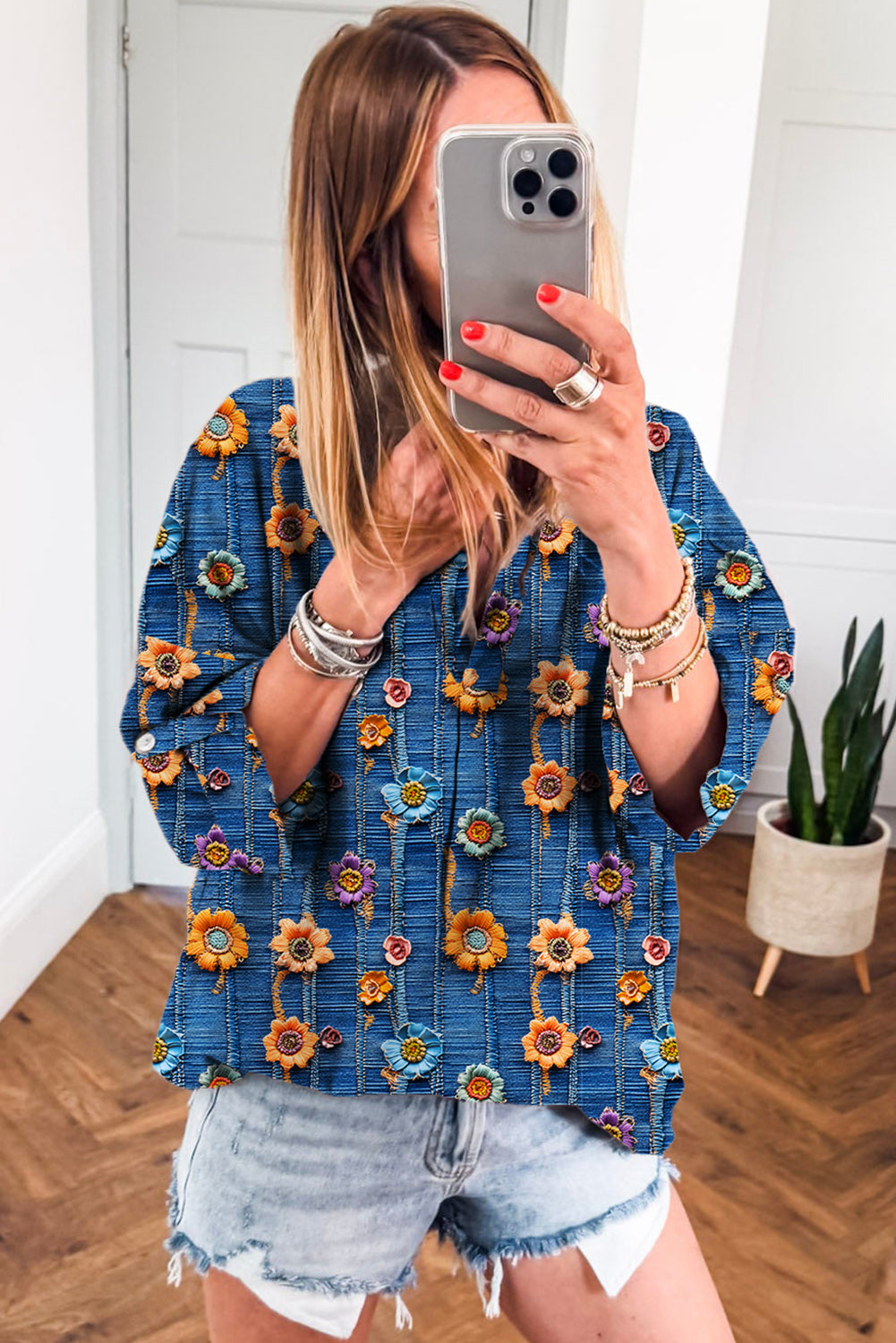 Floral Patchwork Long Sleeve Collared V-Neck Blouse