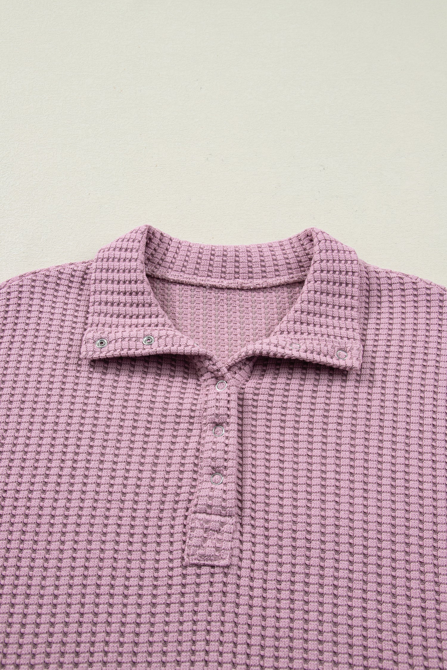 Solid Textured Knit Snap Button Collar Top