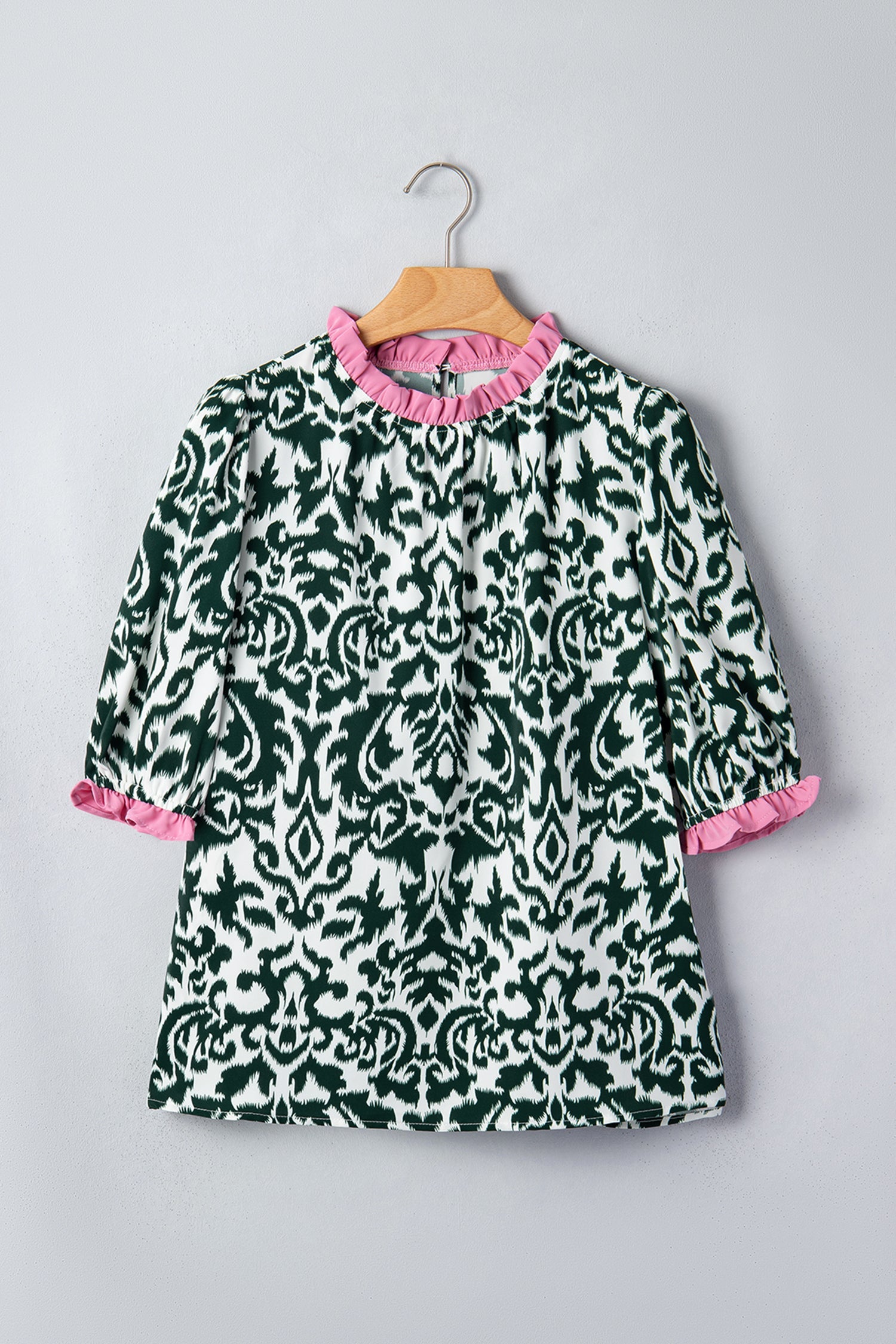 Damask Colorblock Ruffle Trim Short Sleeve Blouse