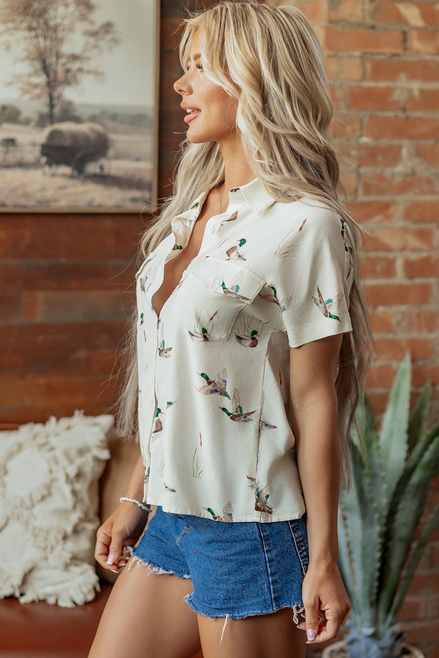 Mallard Button Flap Pocket Collared Blouse