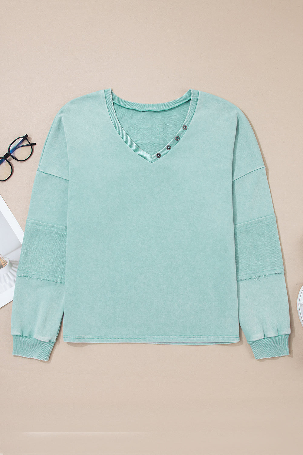 Mineral Wash Reverse Seam Buttoned V-Neck Top