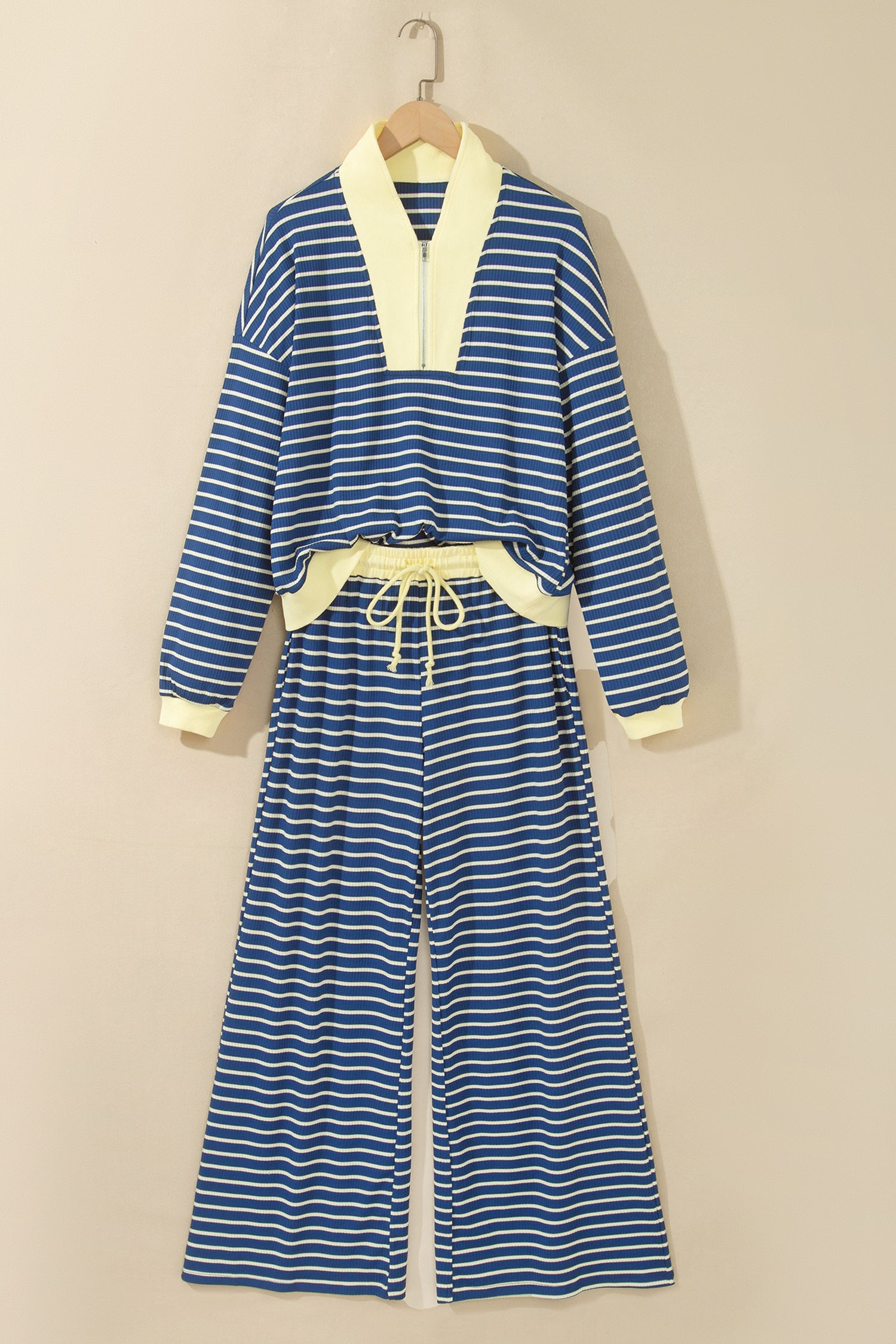 Stripe Colorblock Zip V-Neck Pullover and Pants Set
