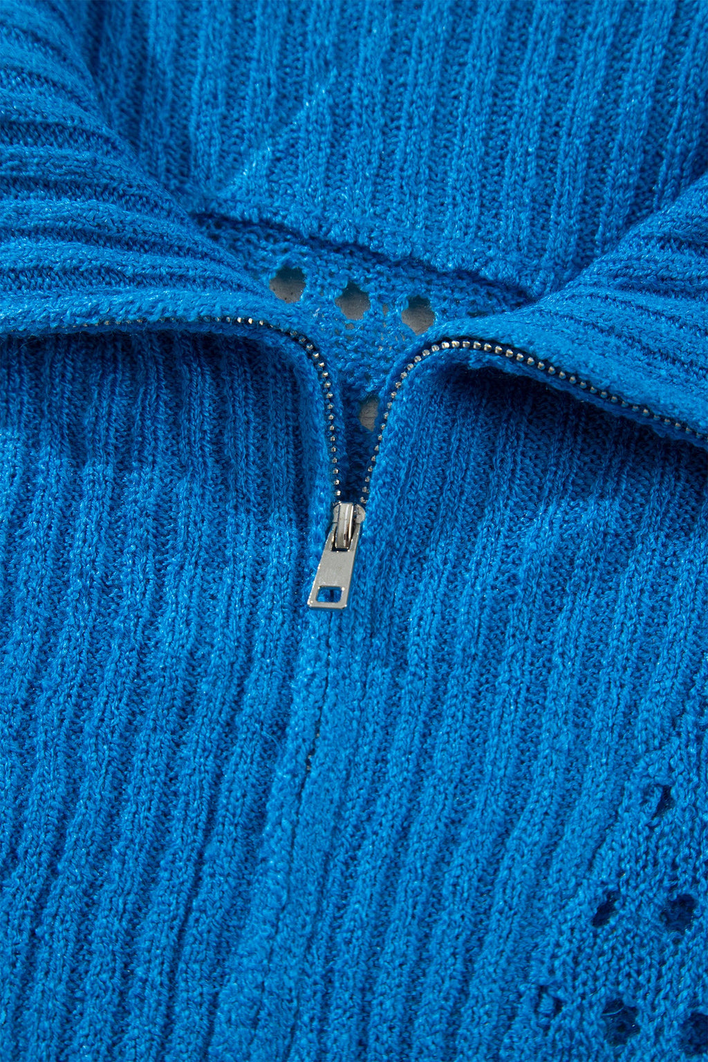 Solid Hollowed Knit Zipped Collar Short Sleeve Top