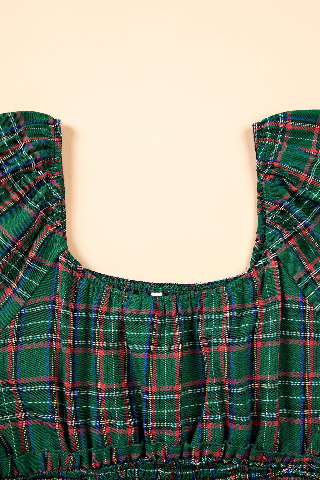Plaid Shirred Scoop Neck Short Sleeve Mini Dress
