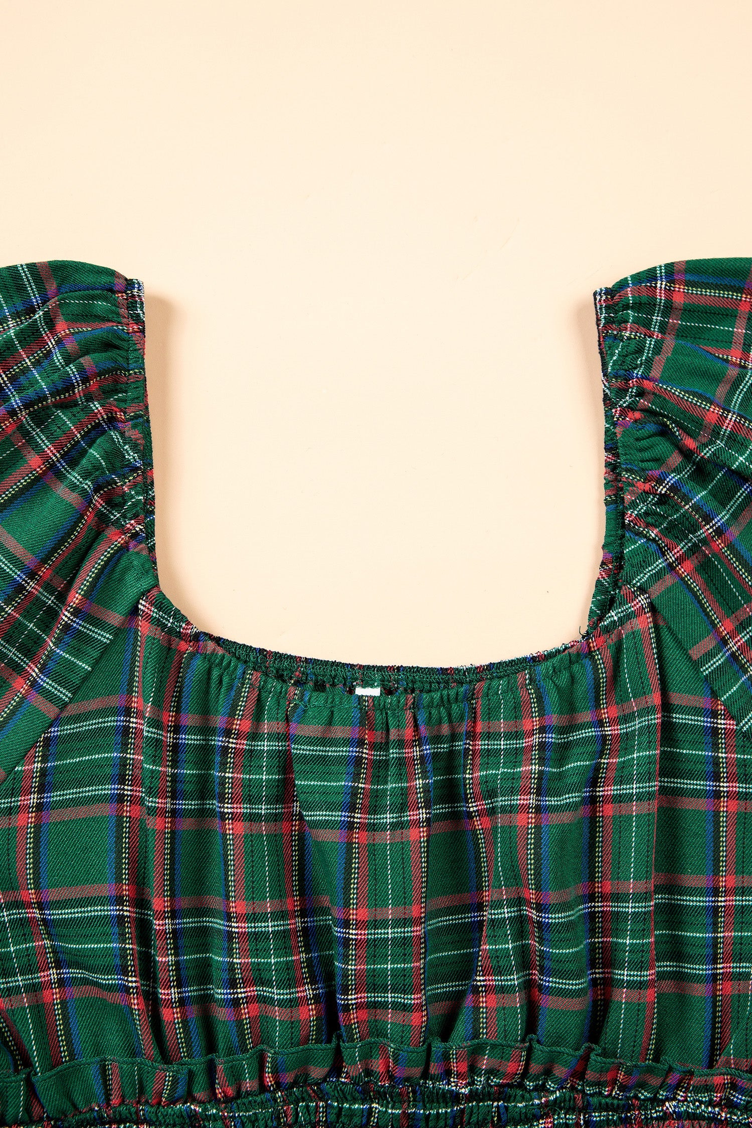 Plaid Shirred Scoop Neck Short Sleeve Mini Dress