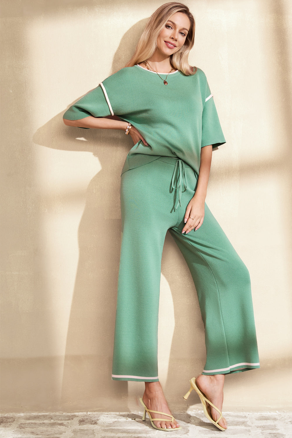 Contrast Trim Top and Drawstring Pants Set