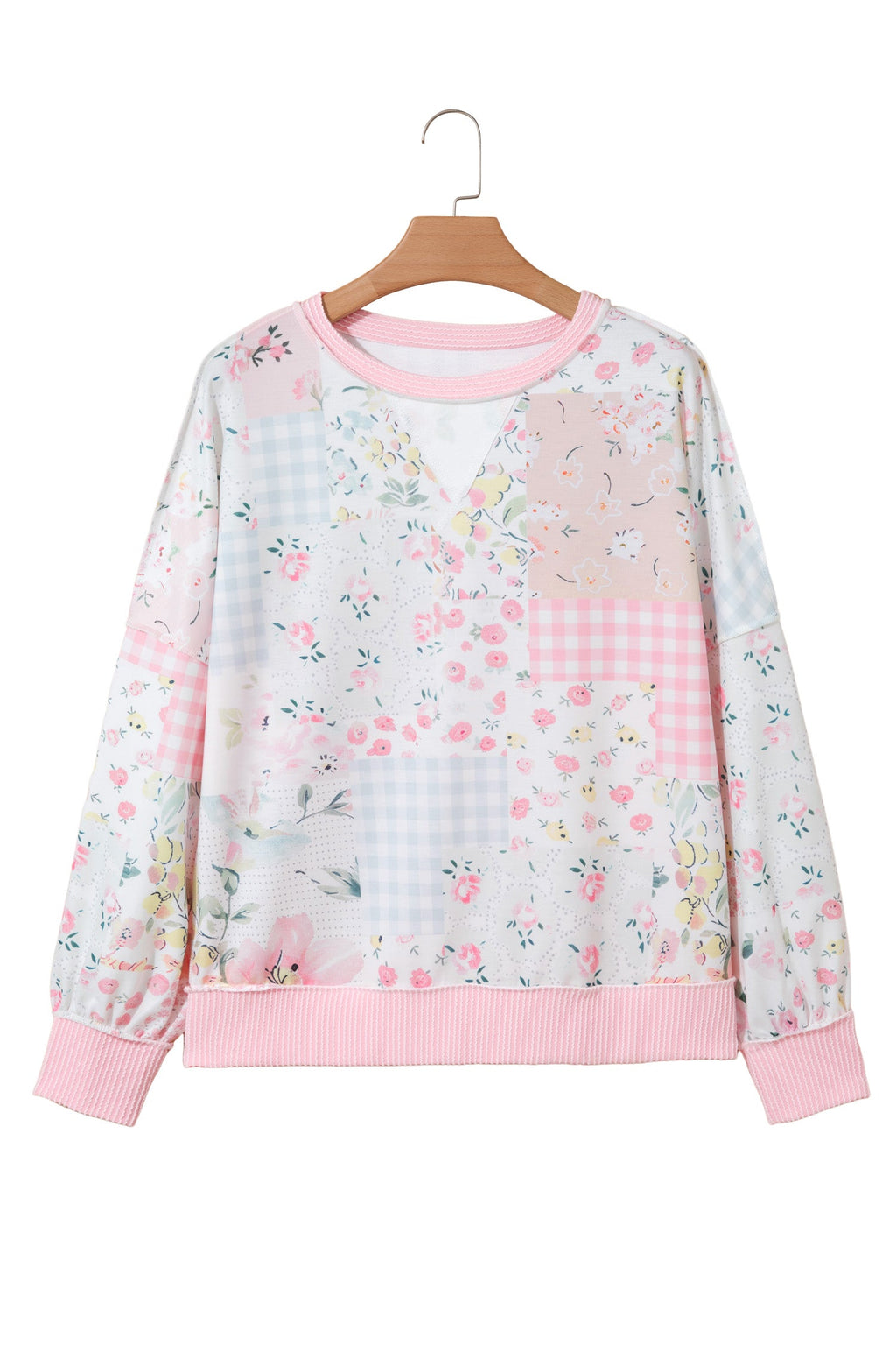 Floral Patchwork Corded Knit Long Sleeve Top