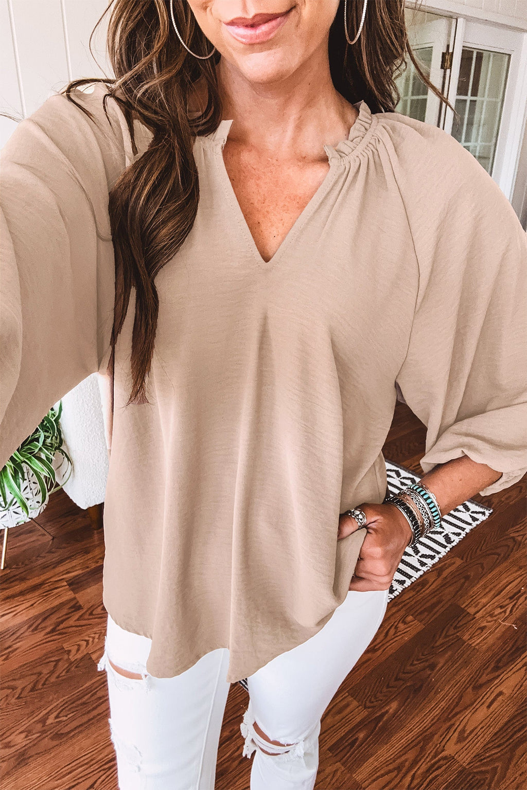 Solid Gathered Cuff 3/4 Sleeve V-Neck Blouse