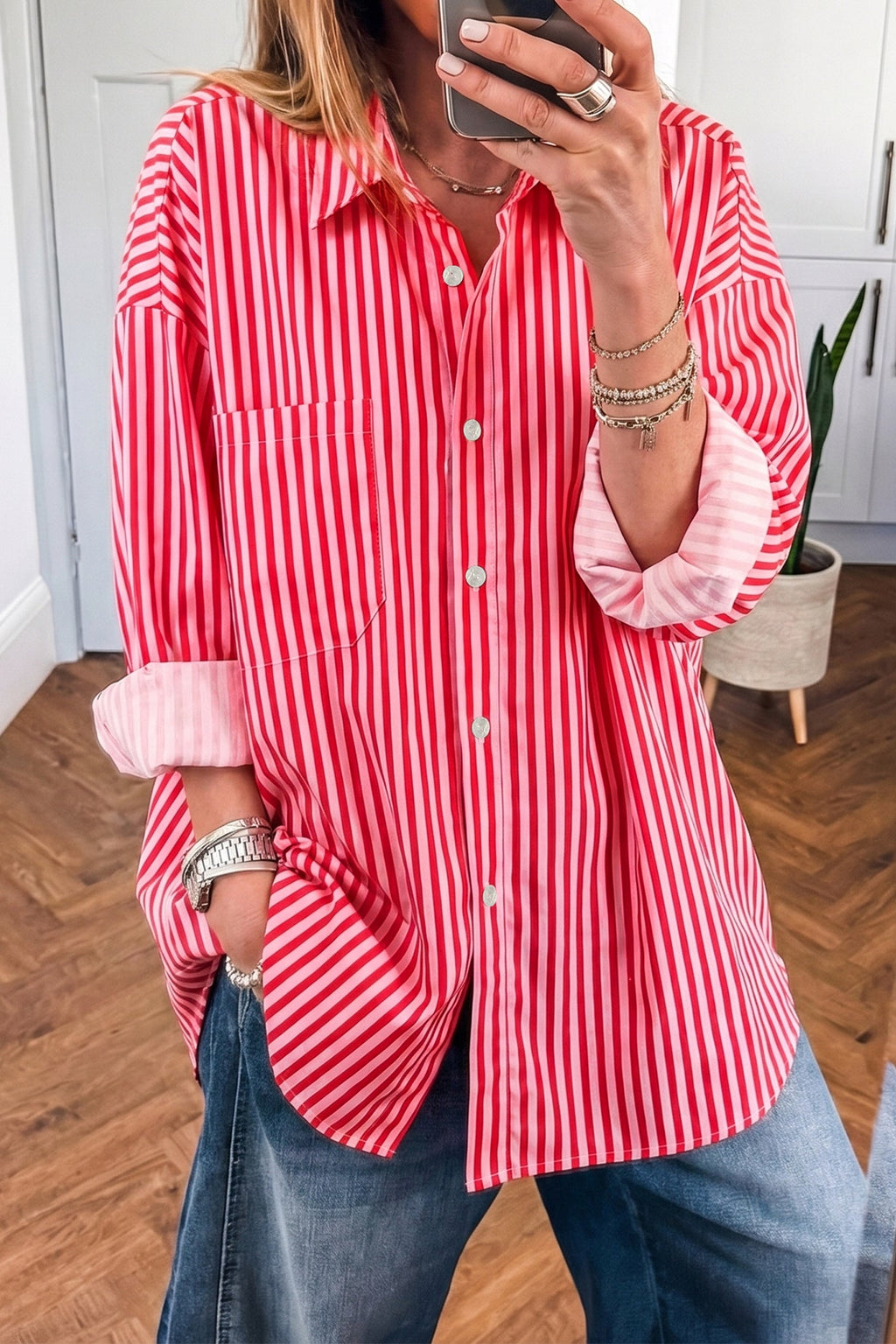 Stripe Patch Pocket Button-Up Long Sleeve Blouse