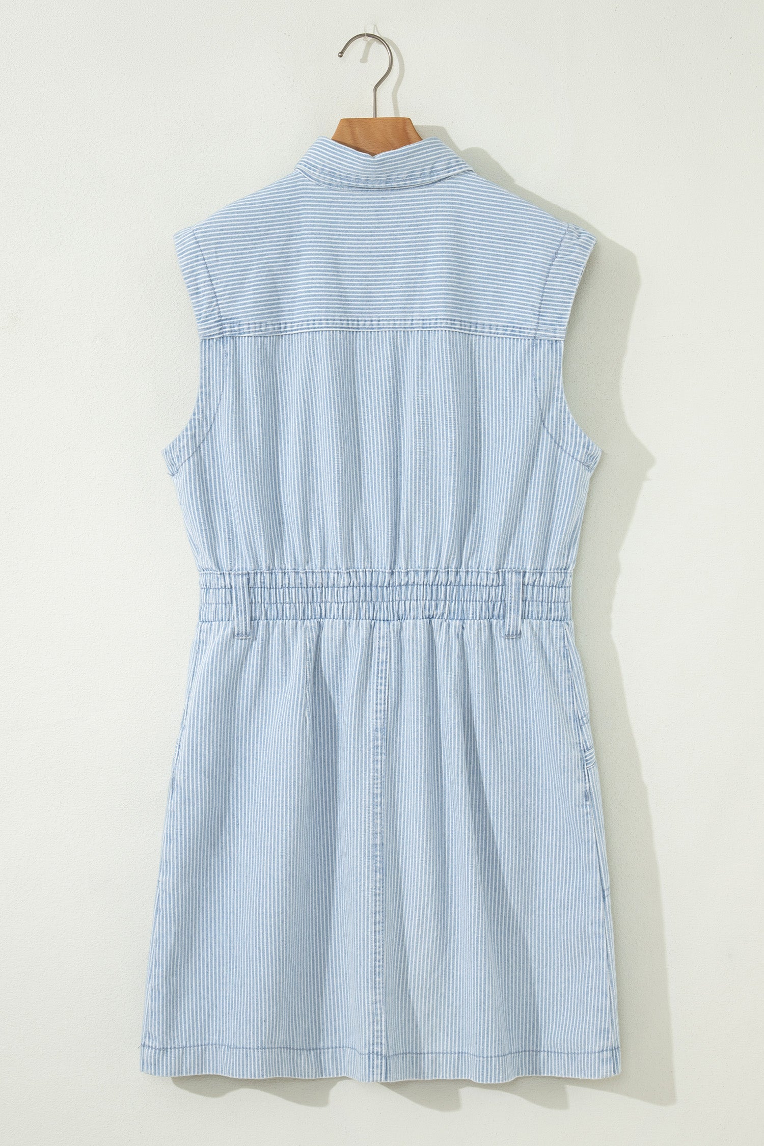 Stripe Denim Collared Button-Front Sleeveless Dress