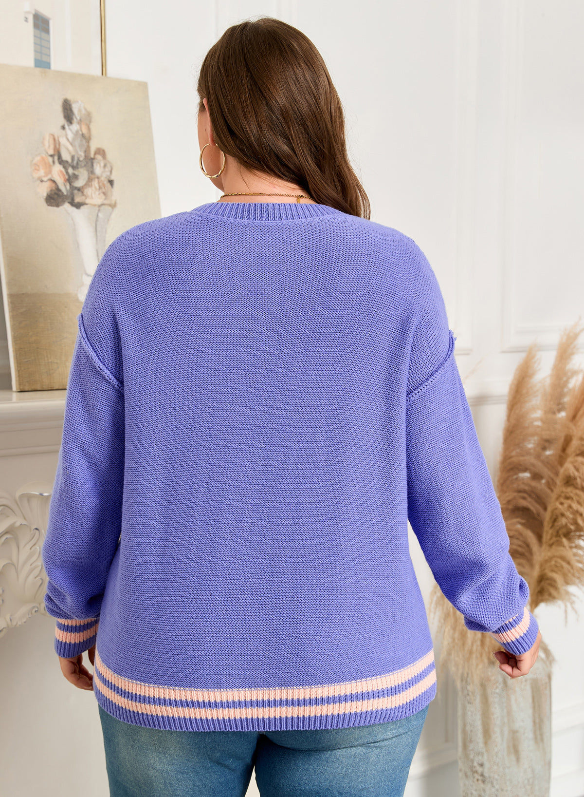 Plus Size Stripe Trim Colorblock Drop Shoulder Sweater