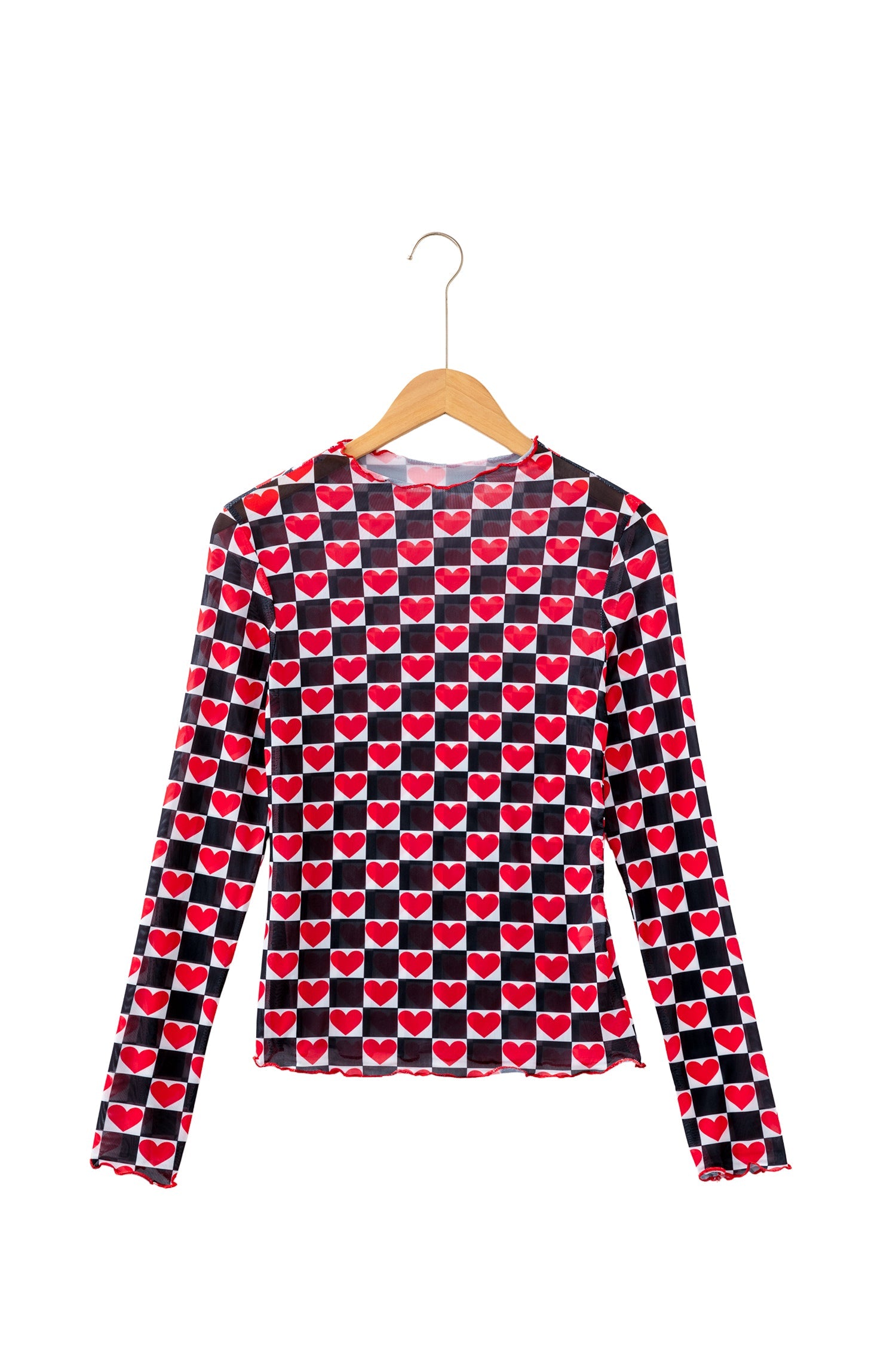 Checker Sheer Mesh Long Sleeve Blouse