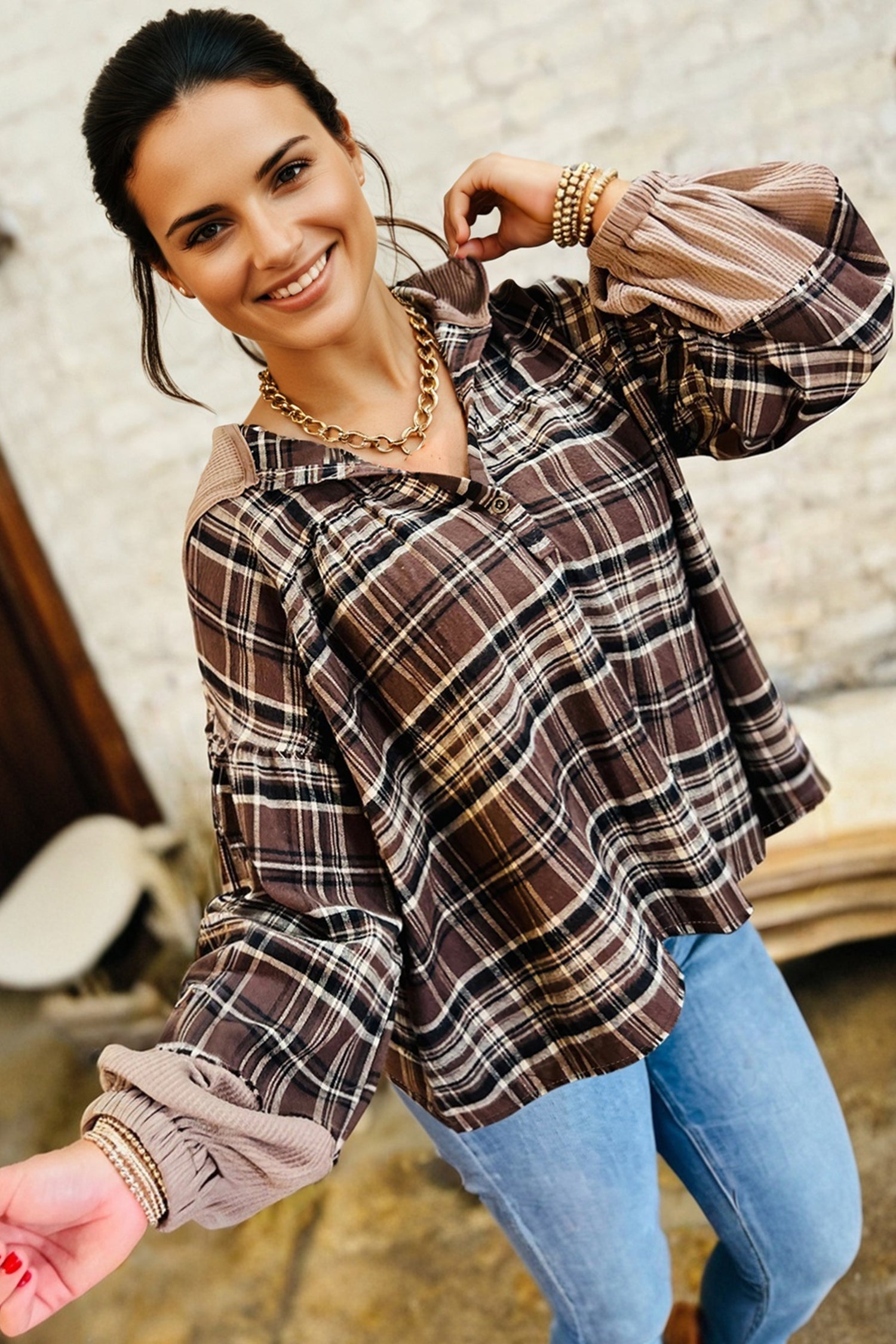 Plaid Quarter-Button Patchwork Long Sleeve Hooded Blouse