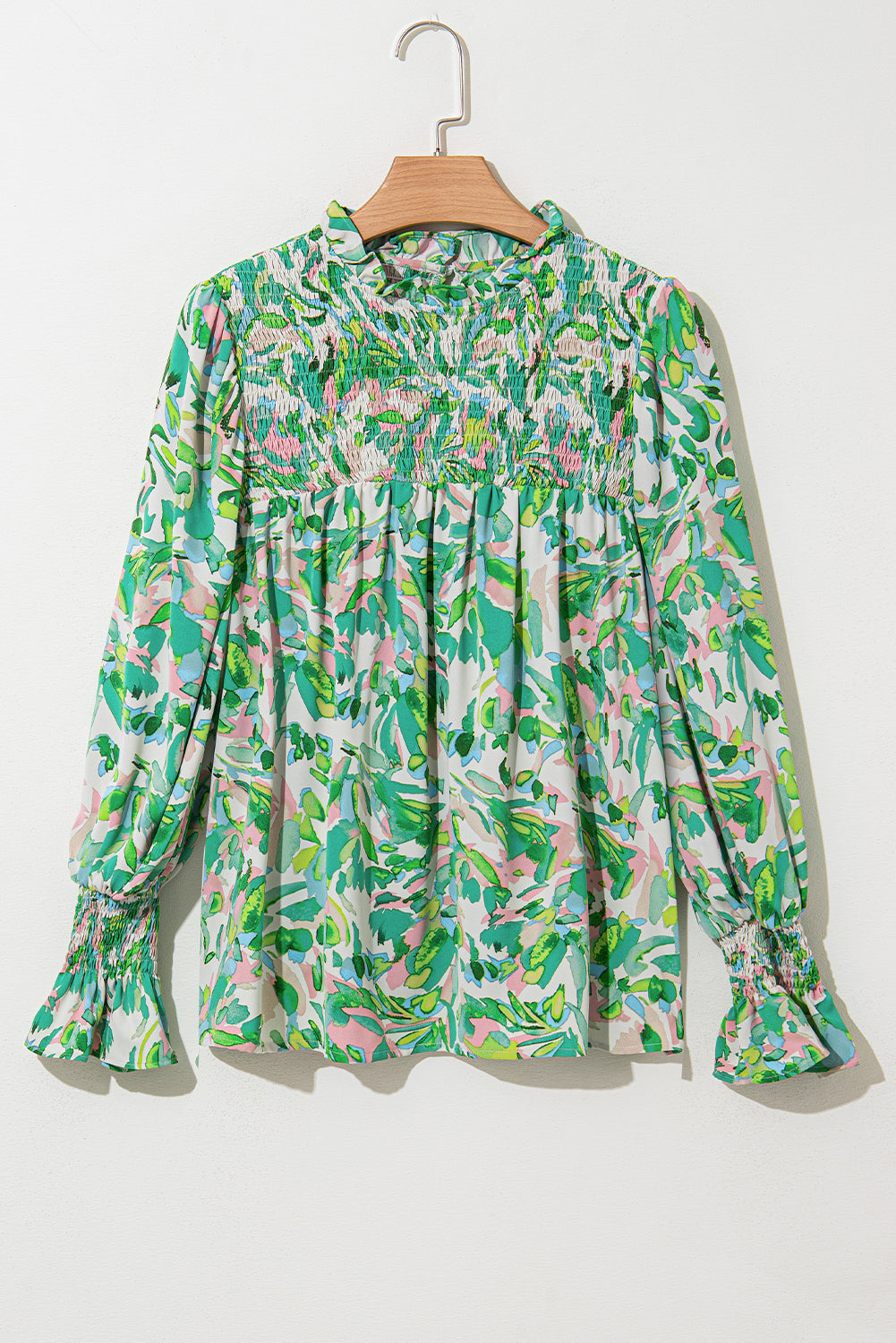 Abstract Floral Flounce Sleeve Mock Neck Blouse