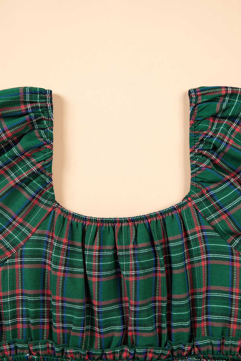 Plaid Shirred Scoop Neck Short Sleeve Mini Dress