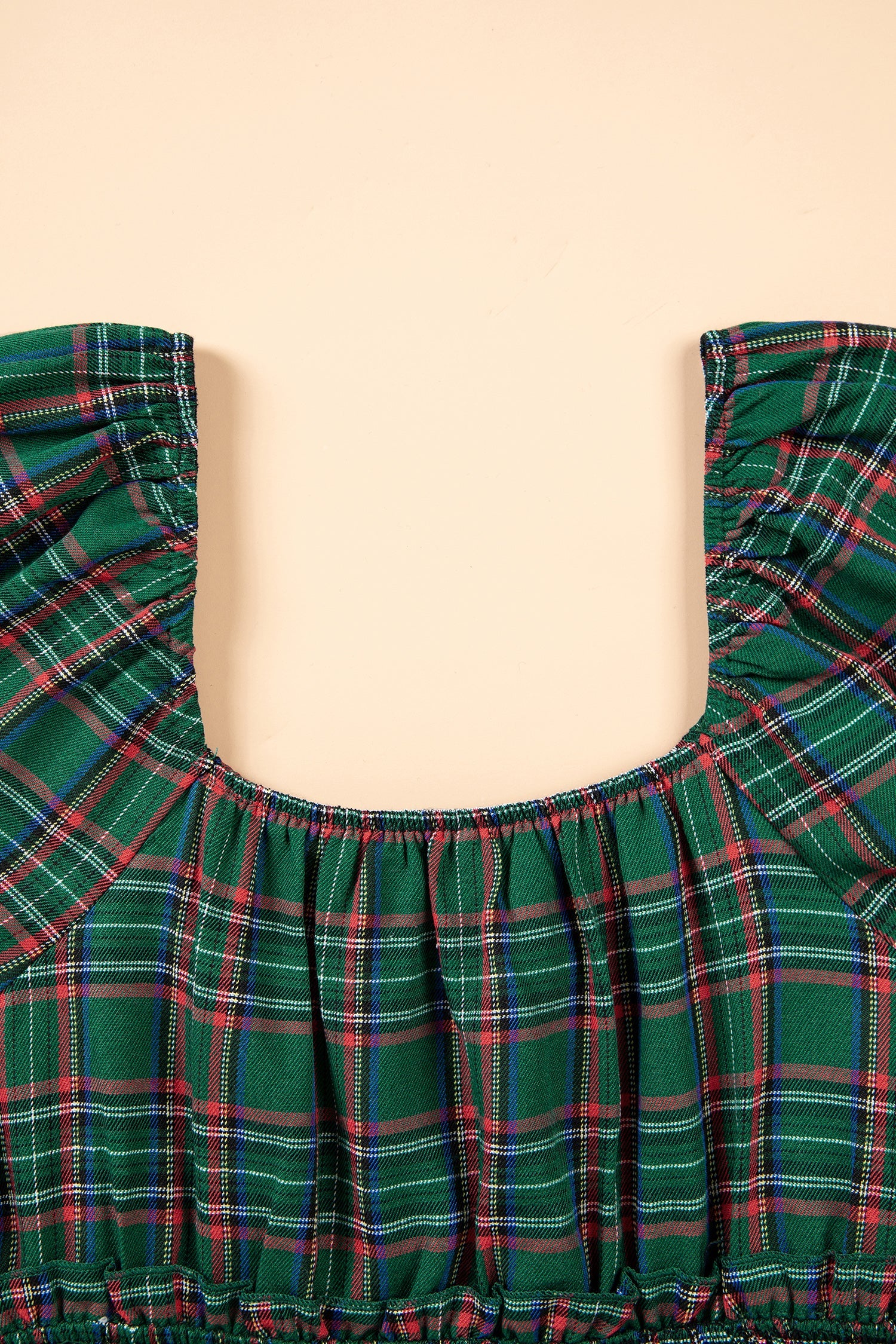 Plaid Shirred Scoop Neck Short Sleeve Mini Dress