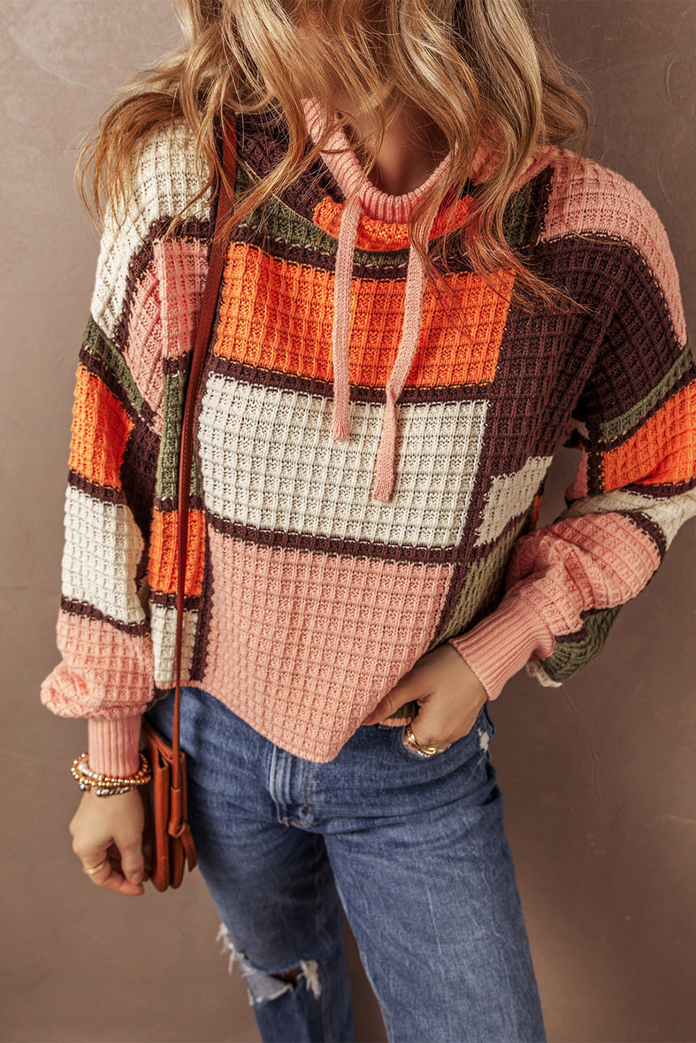 Colorblock Waffle Knit Drawstring Mock Neck Sweater