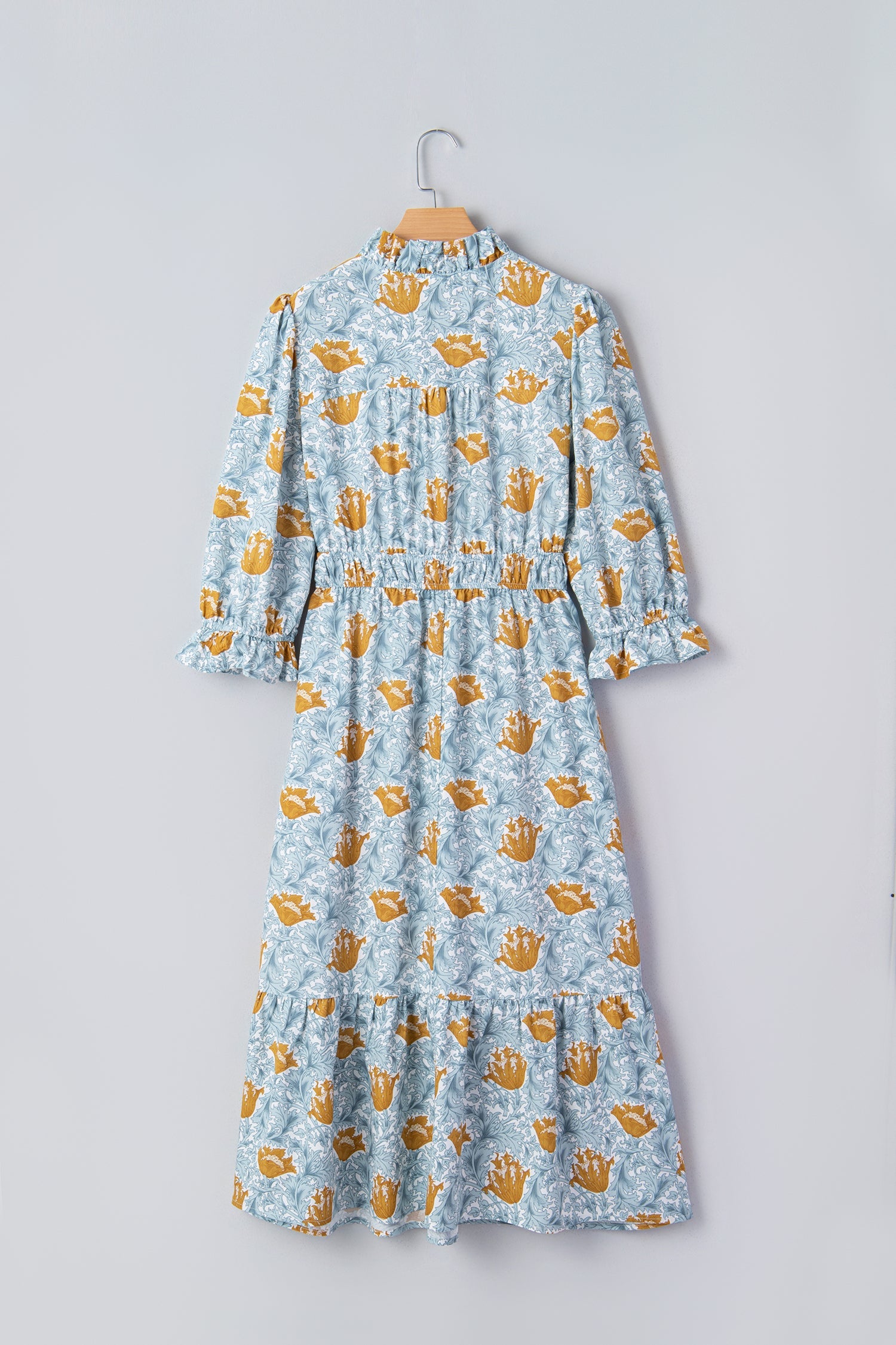 Floral Frilled V-Neck 3/4 Sleeve Midi Dress