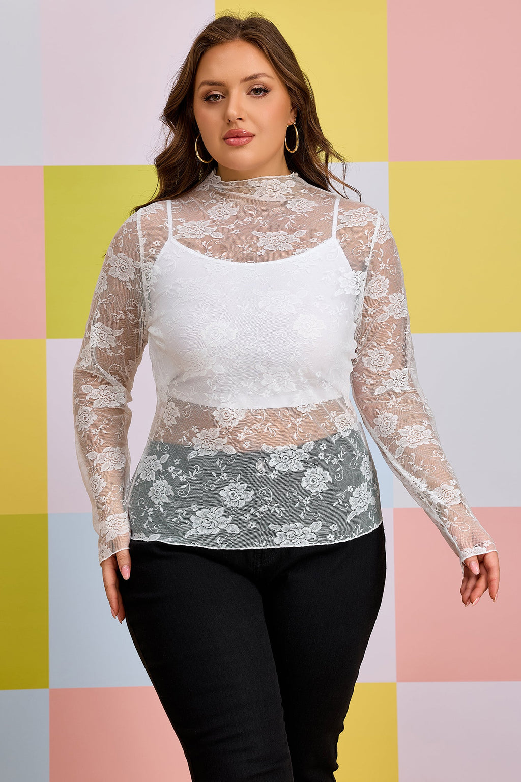 Plus Size Floral Mesh Long Sleeve Top