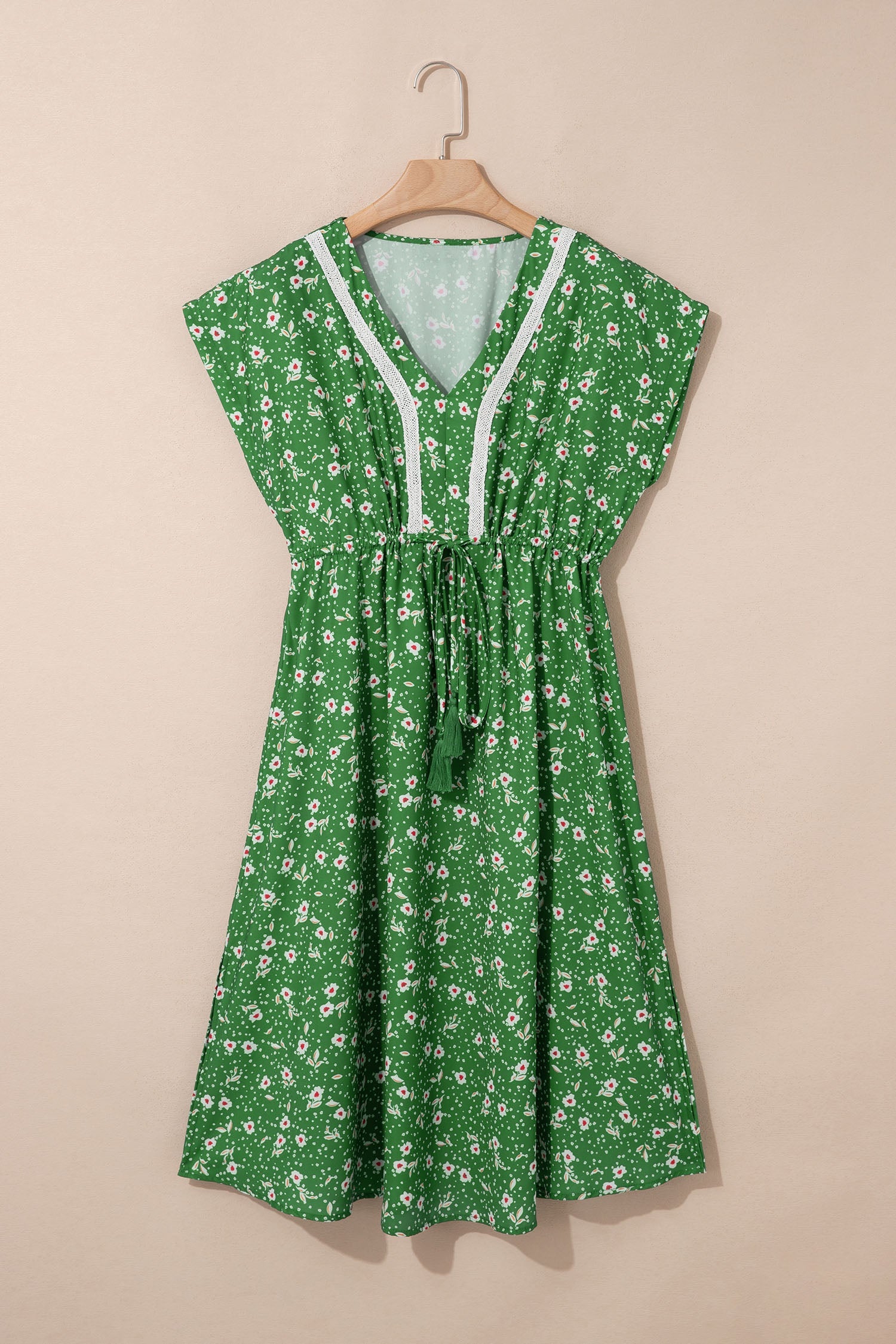 Floral Embroidered Trim V-Neck Drawstring Waist Dress