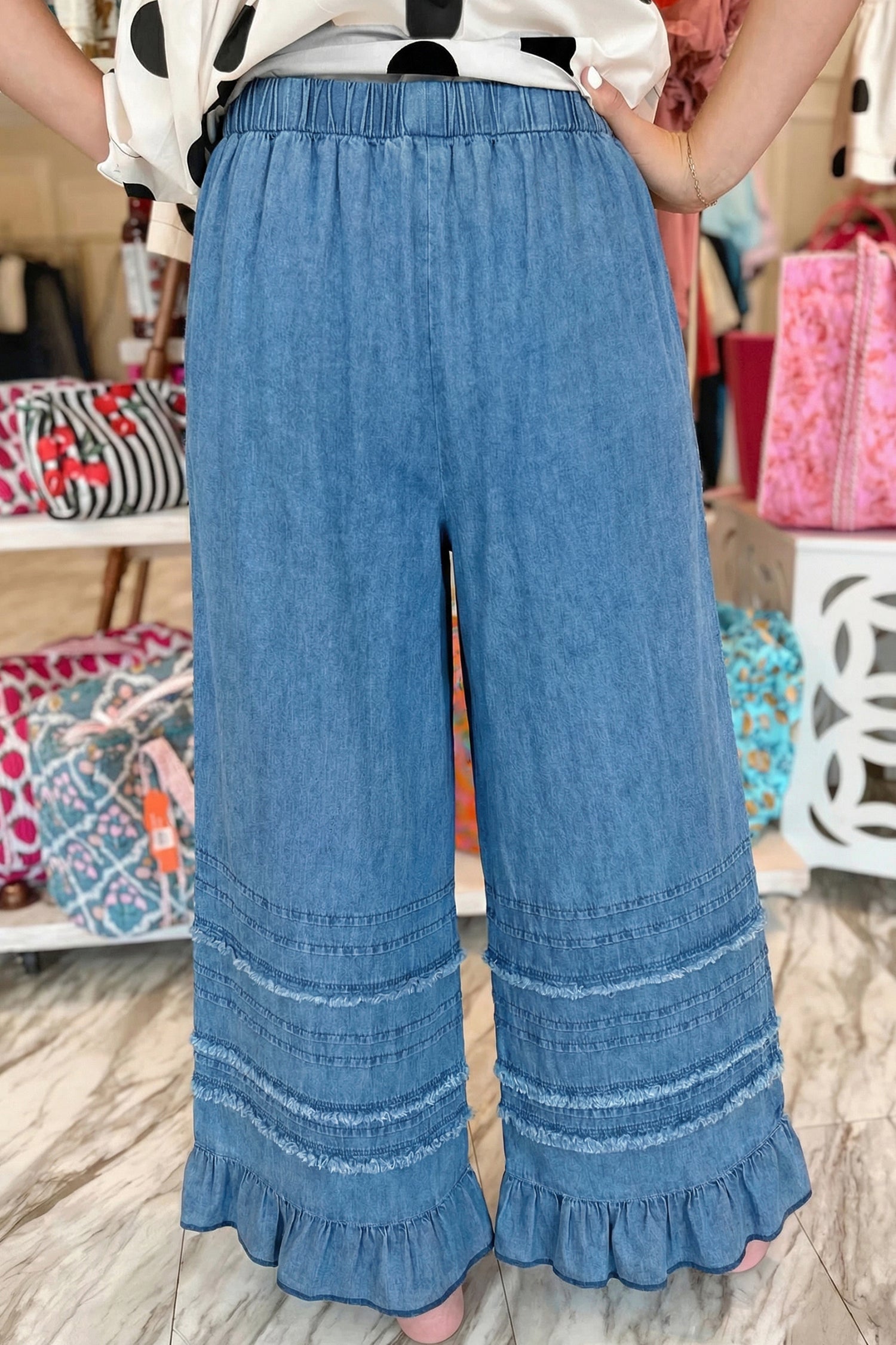 Denim Chambray Ruffle Hem Wide Leg Pants