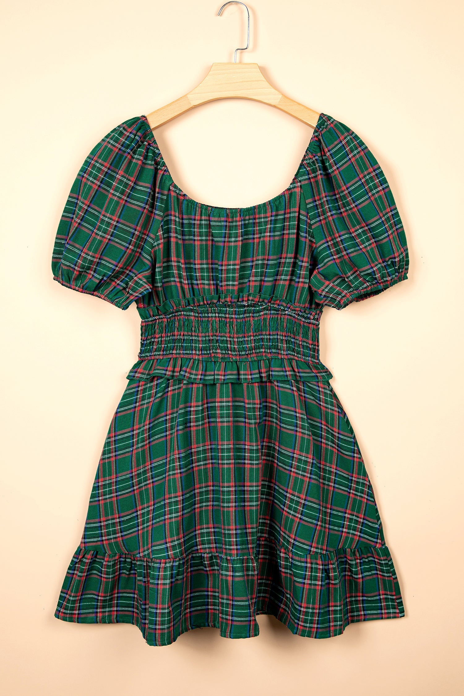 Plaid Shirred Scoop Neck Short Sleeve Mini Dress