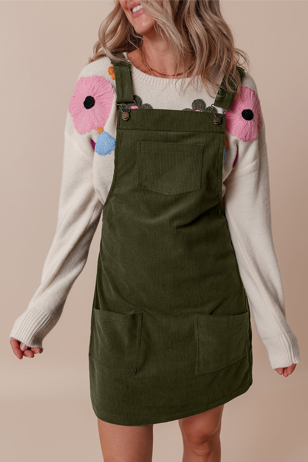 Solid Corduroy Front Pocket Sleeveless Overall Dress