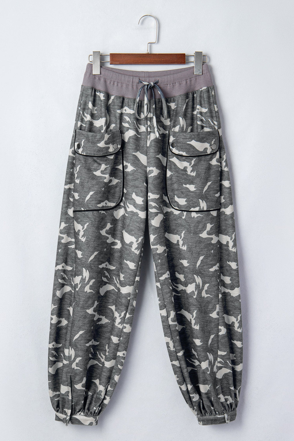 Camo Drawstring Contrast Waistband Barrel Cargo Pants