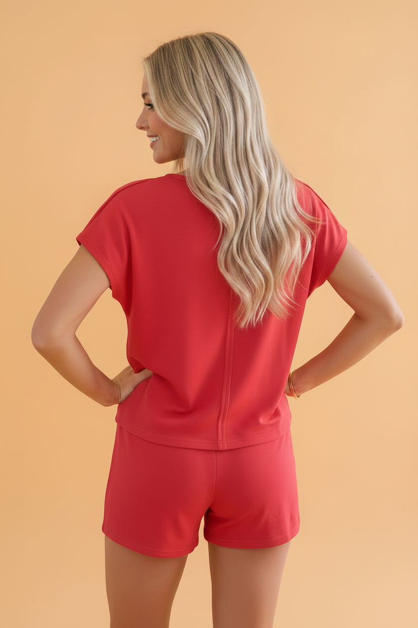 Solid Polo Tee & Elastic Waist Short Set