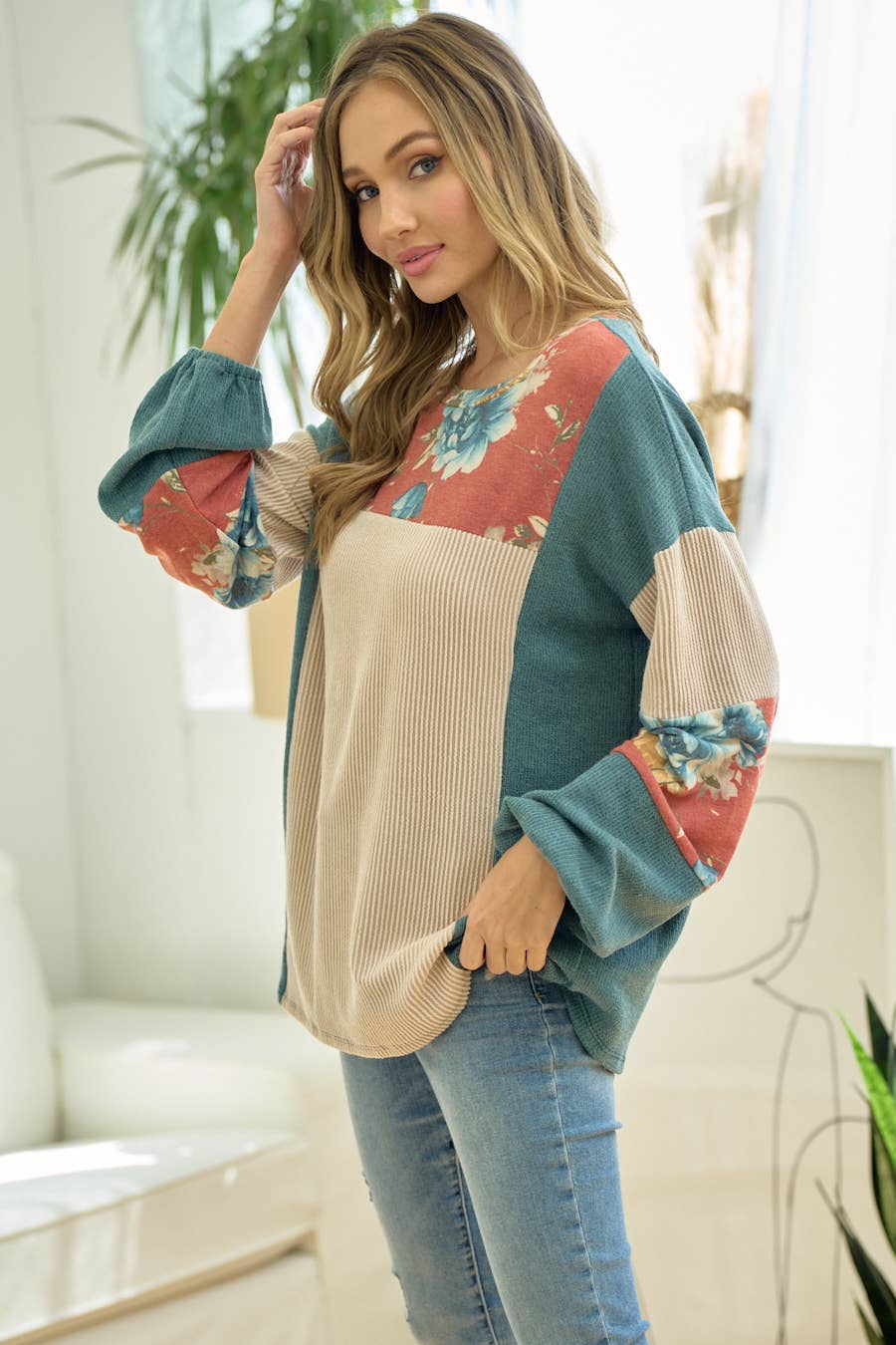 LMT3492-F-Like the very first-time floral top: RUST/TEAL / XL