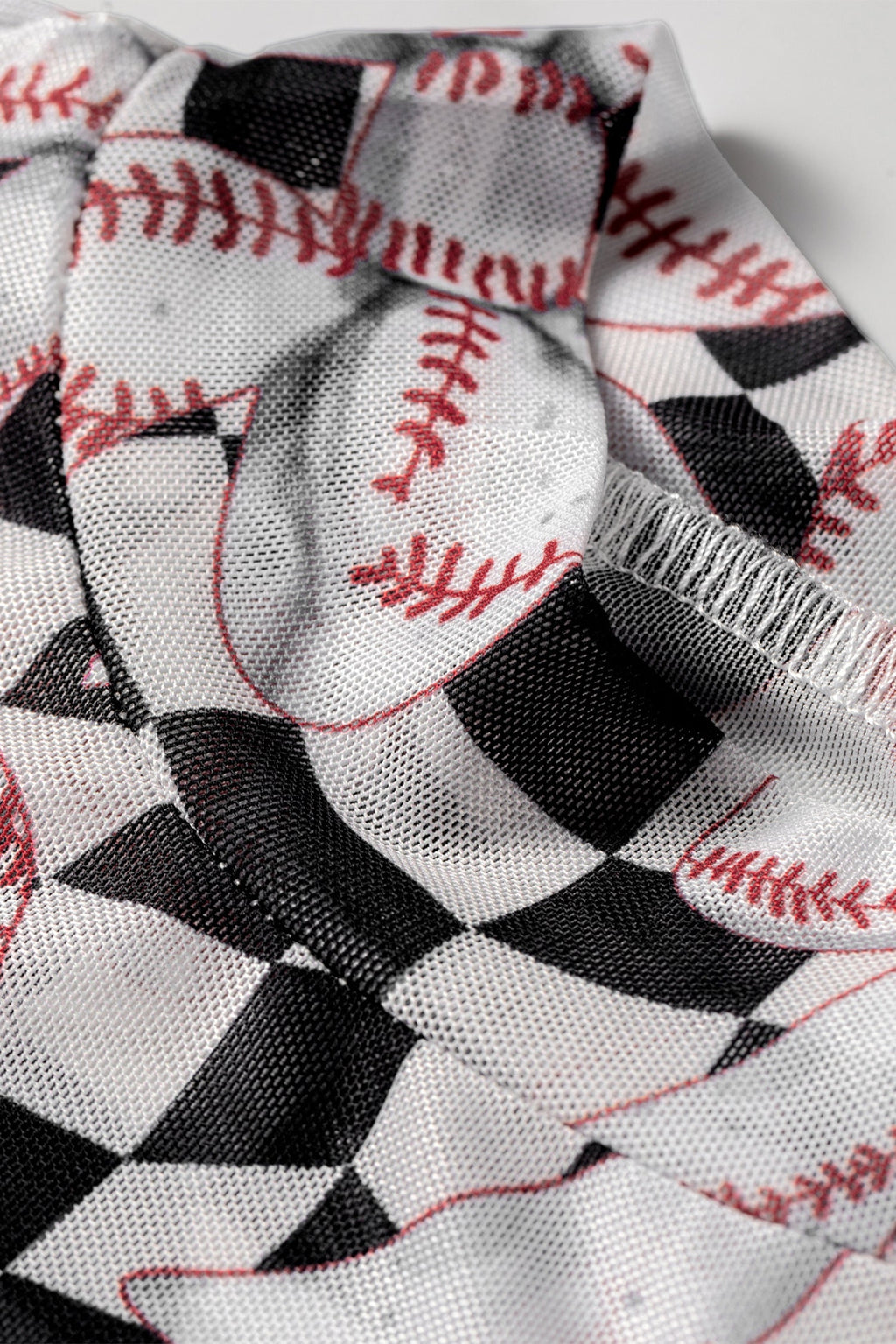 Checker Baseball Bow High Neck Long Sleeve Mesh Top