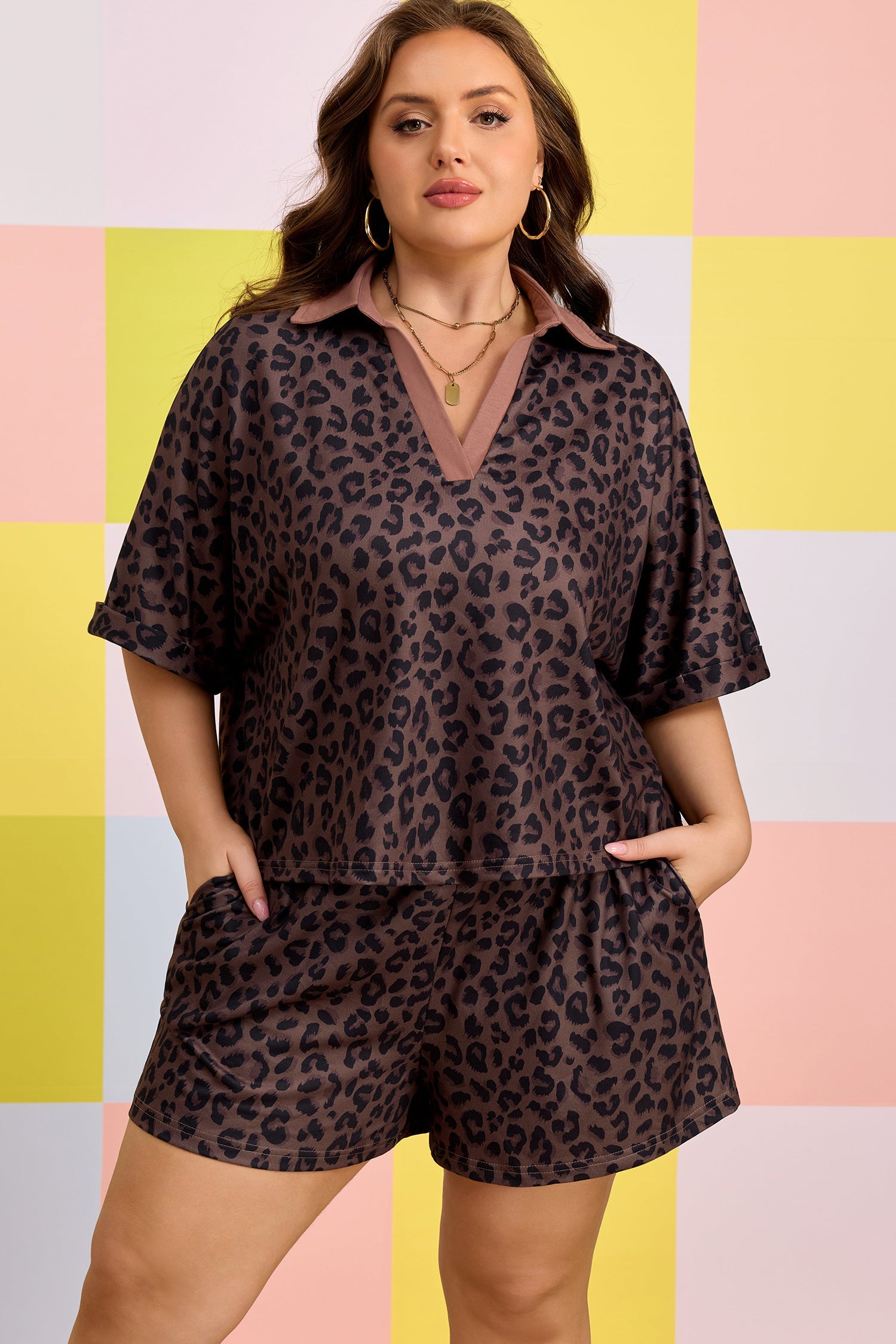 Plus Size Leopard Collared Top & Drawstring Shorts Set
