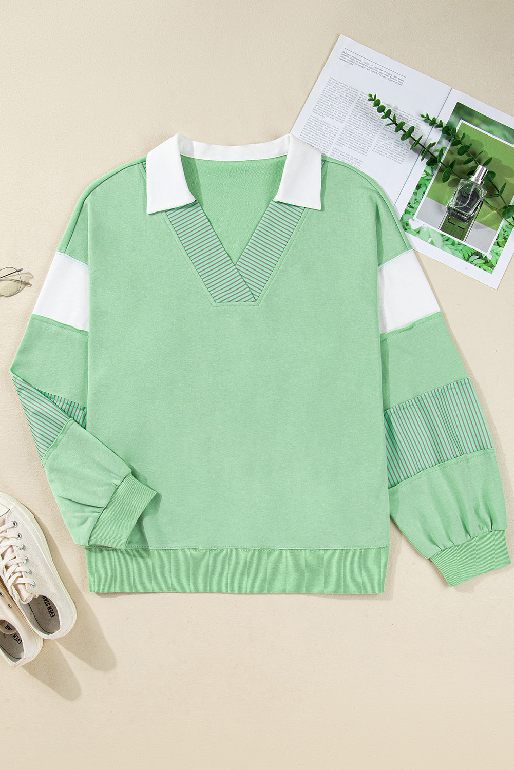 Plus Size Colorblock Stripe Patchwork Collared V-Neck Sweatshirt