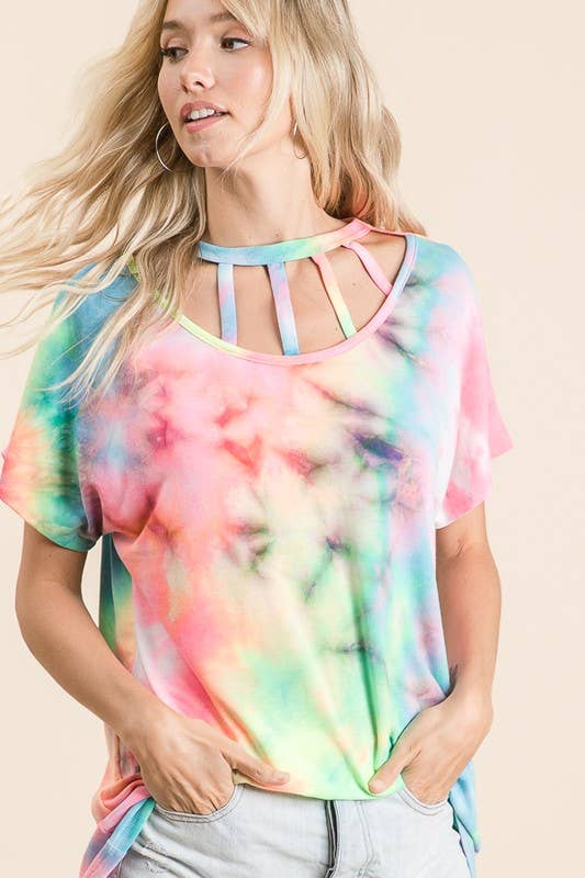 LMT1693-A-Get Back Criss Cross Tie Dye Top: NEON CORAL / S